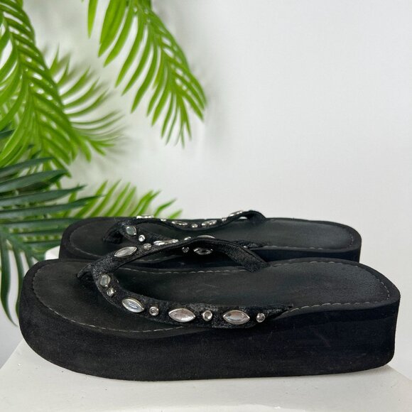 Vintage Y2K Black Rhinestone Embellished Grunge Chunky Platform Flip Flops / 6 - Picture 4 of 6